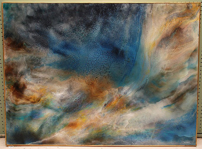 LEONARDO NIERMAN, Mexico born 1932, "Blue Abstract: LEONARDO NIERMAN, Mexico born 1932, "Blue Abstract", oil on board 35" x 47", signed lower right, in a thin frame. Estate of P. Yelin, purchased directly from the artist.