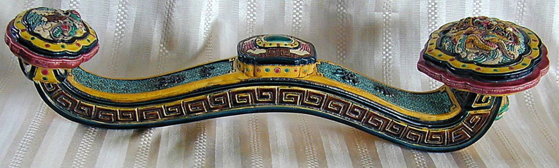 OLD SIGNED CHINESE RUYI SCEPTER A ceramic ruyi sce: OLD SIGNED CHINESE RUYI SCEPTER A ceramic ruyi scepter with multi-colored enamels symbolic of power and good fortune, measuring 20""L it is signed with 3 impressed seal marks, very good condition with