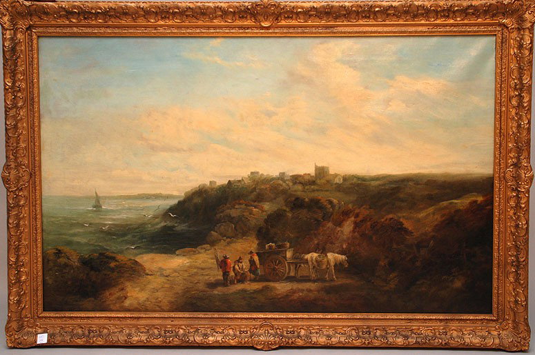 Thomas Baker of Leamington (British 1809-1869) oil: Thomas Baker of Leamington (British 1809-1869) oil on canvas, large coastal landscape fisherman carting their catch back up the hill, 29"x47"