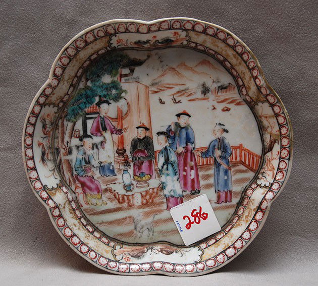 Chinese export hand painted dish with figures in l: Chinese export hand painted dish with figures in landscape motif, 19thc, 1"h x 6 1/2"w