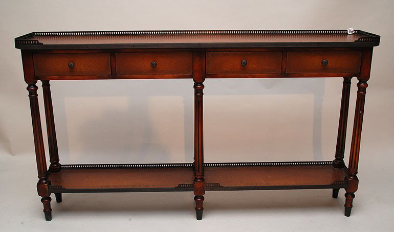 Sofa table/console, leather top, gallery, possibly: Sofa table/console, leather top, gallery, possibly Maitland Smith, 58"w x 32"h x 11"d