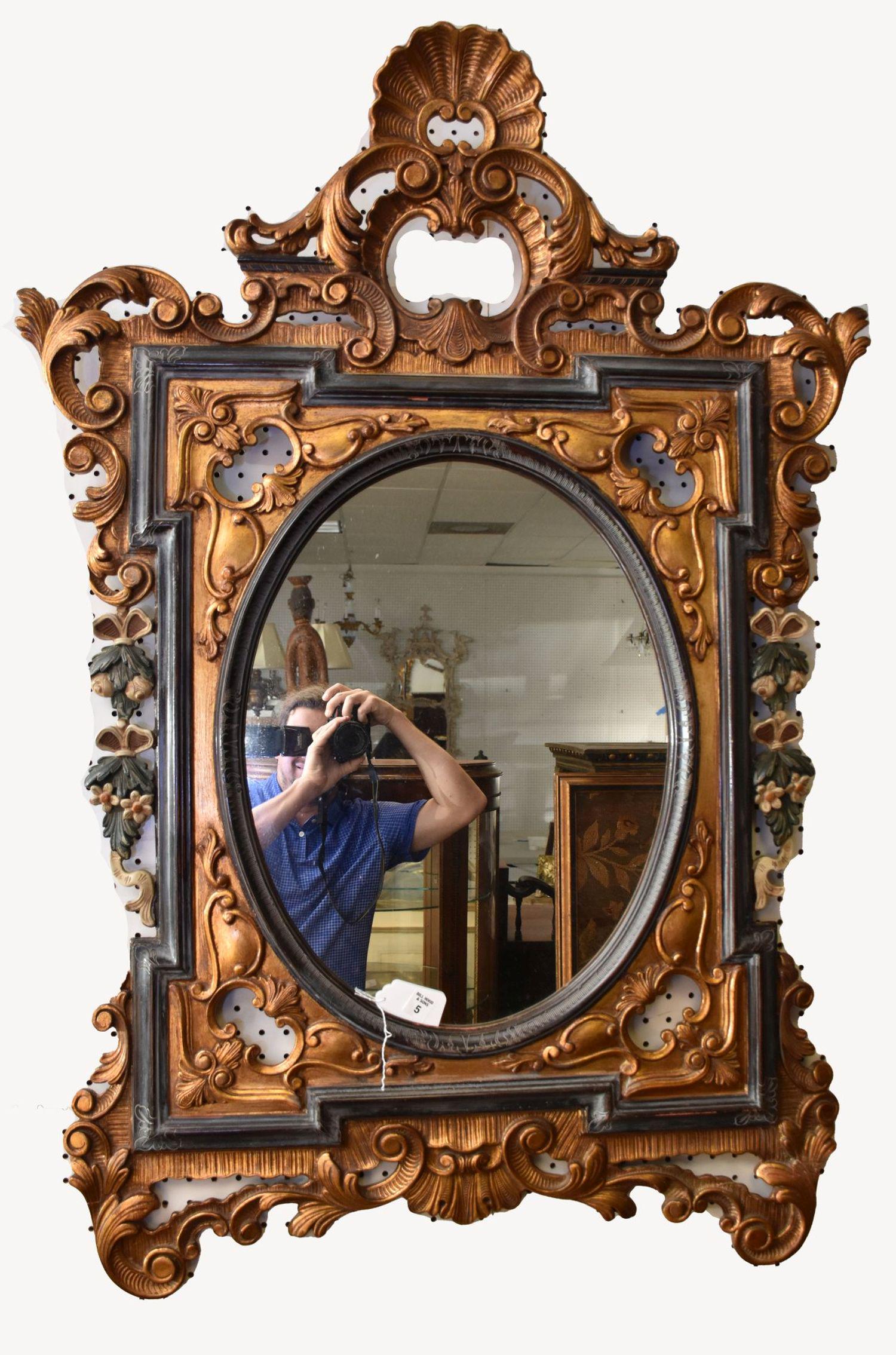 Carved Mirror, Rococo Style Black & Gold with Painted Hanging Garland on Sides, 50"h x 30"w (1 of 5)