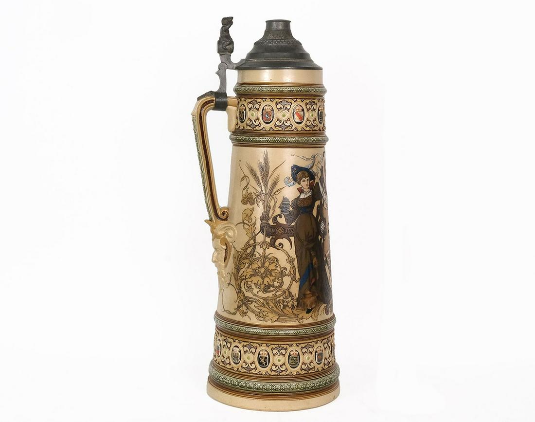 Antique METTLACH German Stein "Serving Woman and German Coat of Arms" - Pottery (1 of 18)