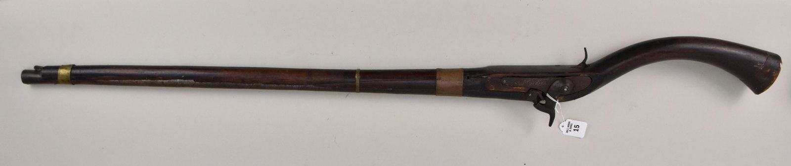 Antique Jezeil Flintlock Camel Long Gun - Possibly Middle East, North Africa, 48" L. Condition:: Antique Jezeil Flintlock Camel Long Gun - Possibly Middle East, North Africa, 48" L. Condition: Signs of wear, age, and use. Some cracking and splitting to wood around flint mechanism.