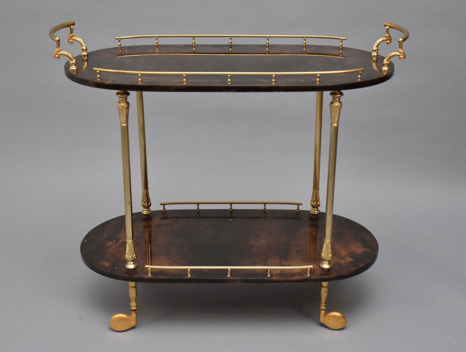 Tea Cart, Possibly Goat Skin Under Laminate/Resin Finish, Bronze Hardware, 29 1/2"h x 34"w x 16"d (1 of 5)