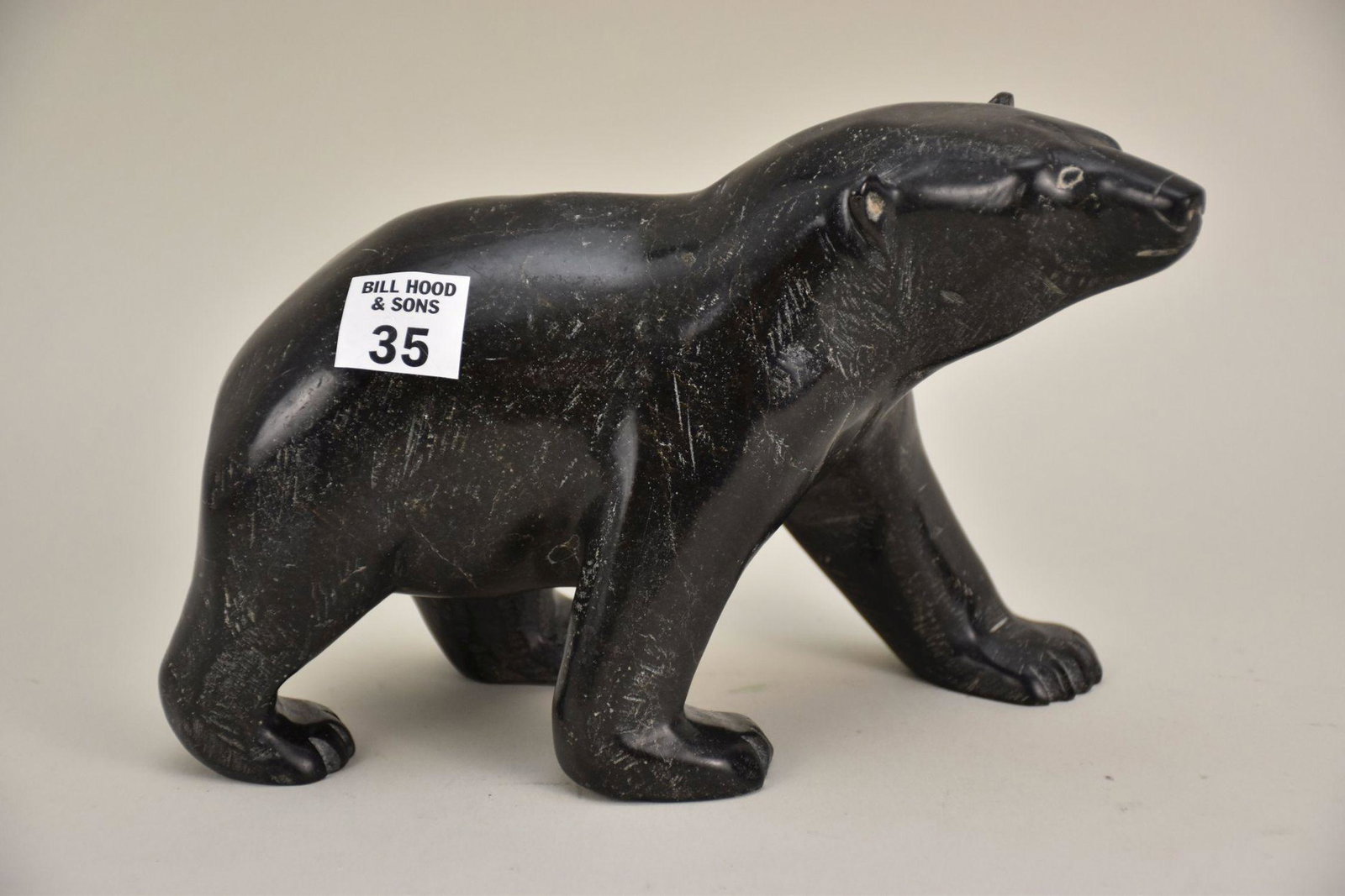 Early Inuit Black Serpentine Stone Polar Bear. Carver's mark under left paw. Good size 8 1/2" x 6" (1 of 9)