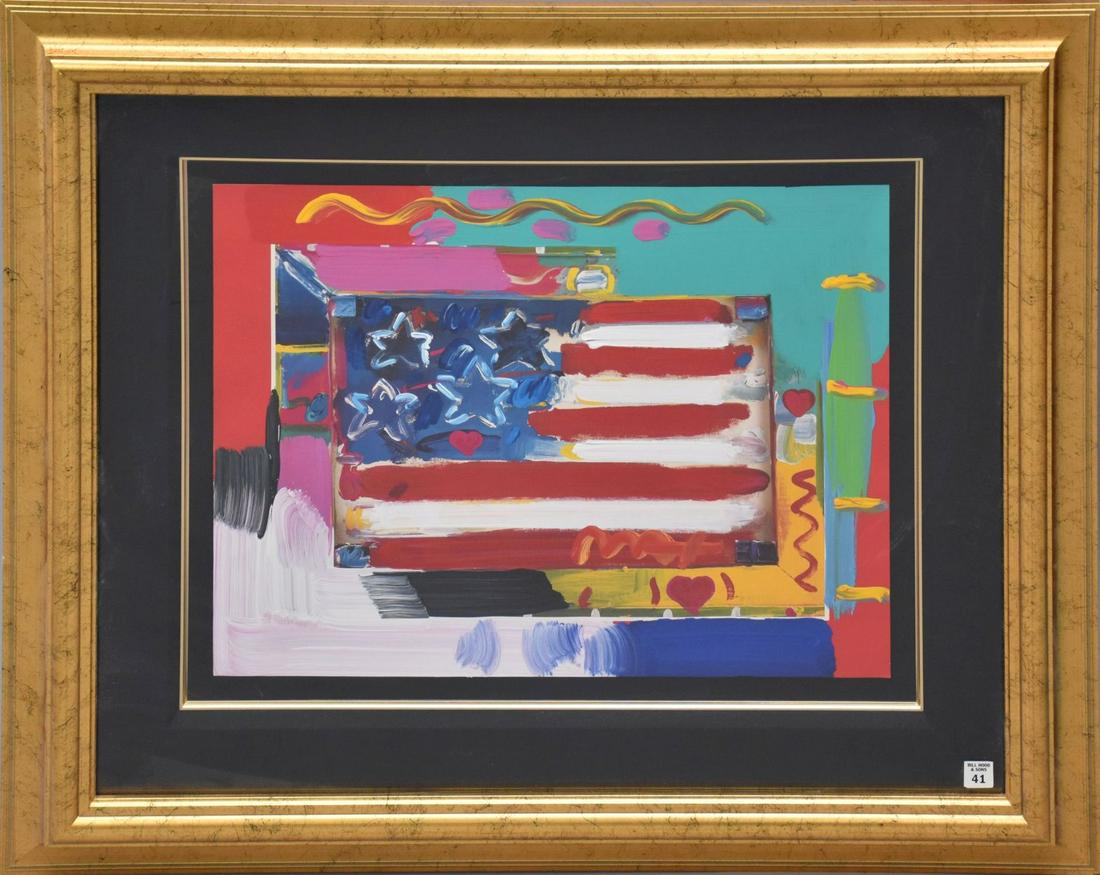 Peter Max (American, b. 1937) "American Flag" - Mixed Media, Signed in Paint / double matt- 19 1/4 x (1 of 5)