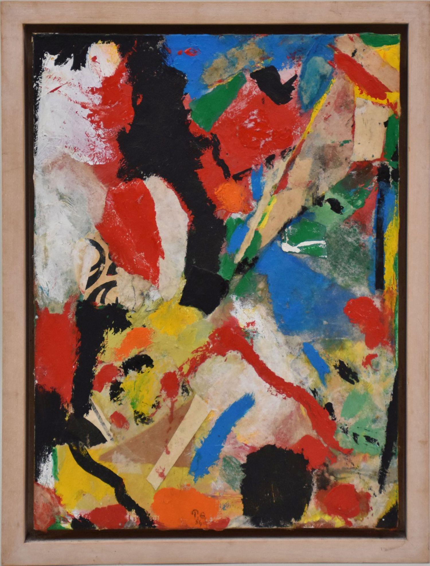 Gruenbaum?  Mixed media on canvas, abstract composition, signed "TG '56" on middle bottom, board is (1 of 4)