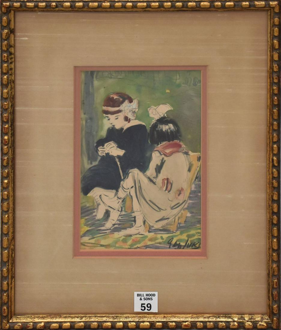 George Benjamin Luks (AMERICAN, 1867–1933) watercolor on paper, 2 young girls, signed lower right, (1 of 4)