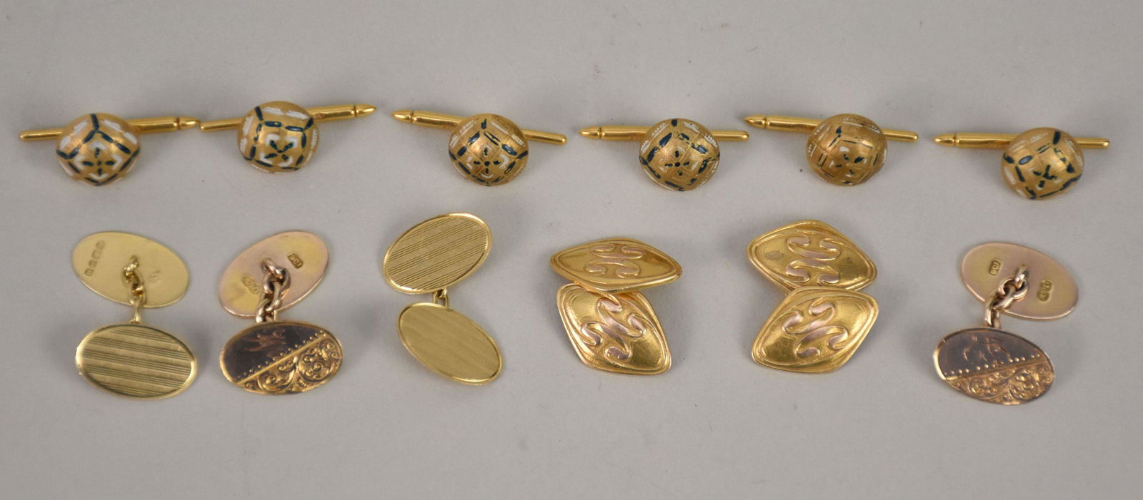 Gentleman's Gold Cufflinks & Dress Studs.  6 14K yellow gold and enamels dress studs. 1 18K gold (1 of 3)