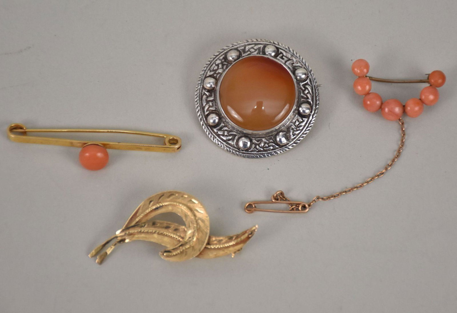 18K Yellow Gold Feather Brooch, 18K Coral Pin, GF Coral Pin & Cornelian Silver Brooch. 18k gold wt. (1 of 3)