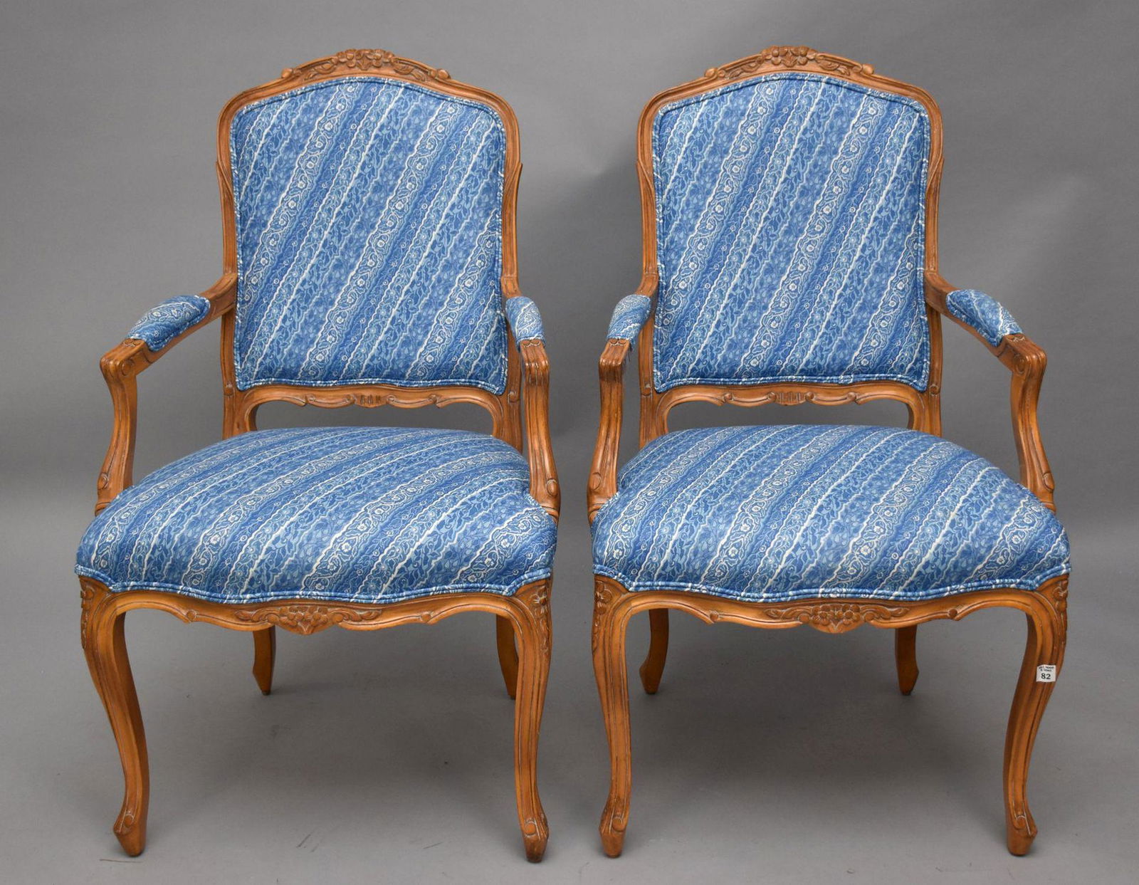 Pair Fine Country French Style Armchairs, Blue Print Upholstery (1 of 3)