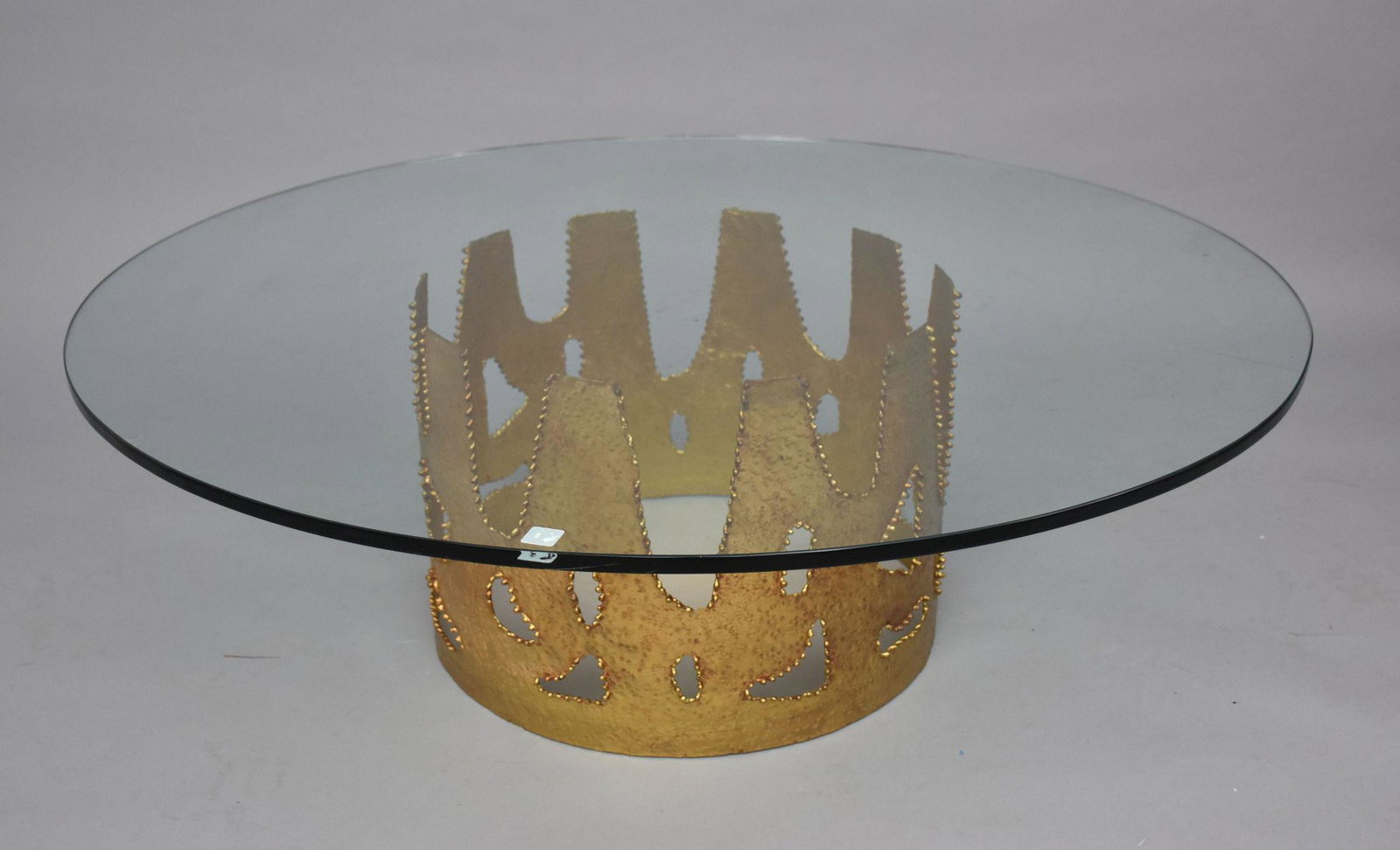 Brutalist Form Gilded Metal Crown Form Round Occasional Table with Glass Top, 15"h x 22"w: Brutalist Form Gilded Metal Crown Form Round Occasional Table with Glass Top, 15"h x 22"w