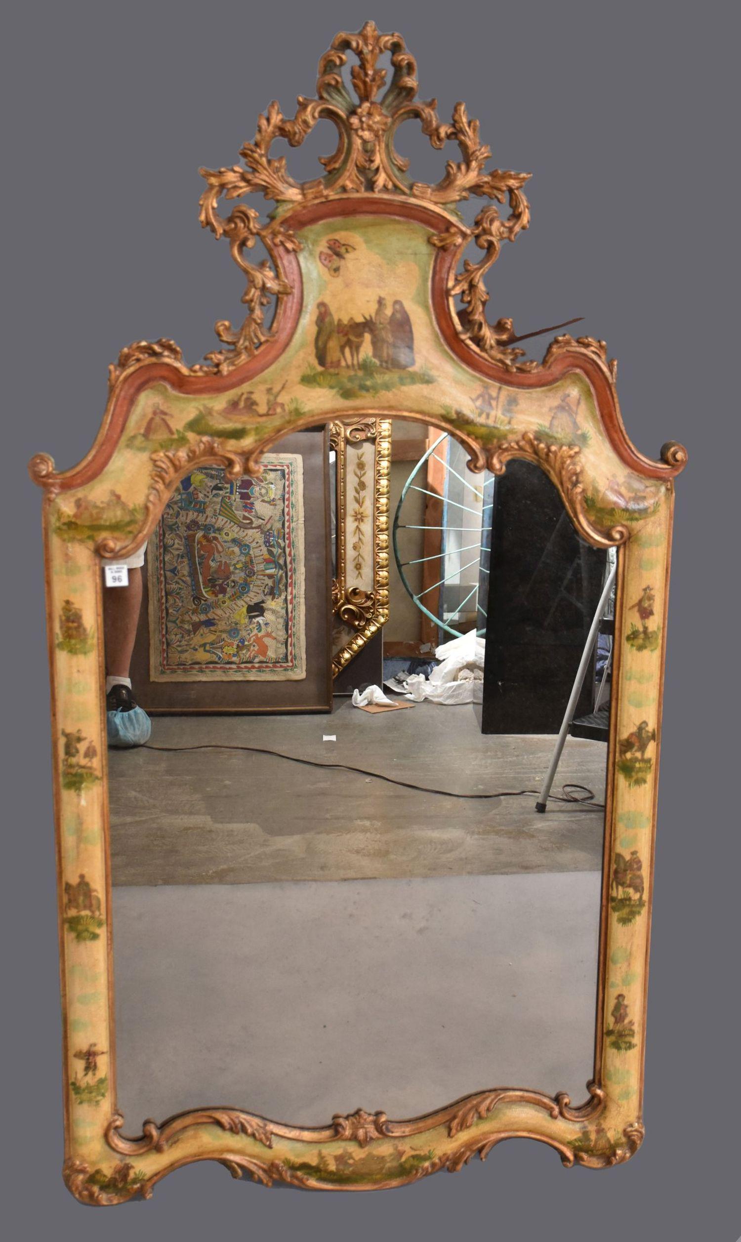 Italian Baroque Mirror, Gilded with Painted Scenes around Frame, 60"h x 32"w (tail needs sewing) (1 of 7)
