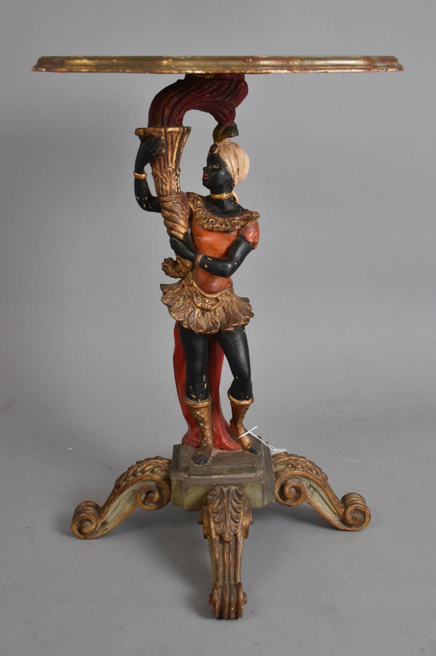 Antique Venetian Blackamoor Figural Table - A carved, polychromed, and gilt wood figure wearing a (1 of 8)