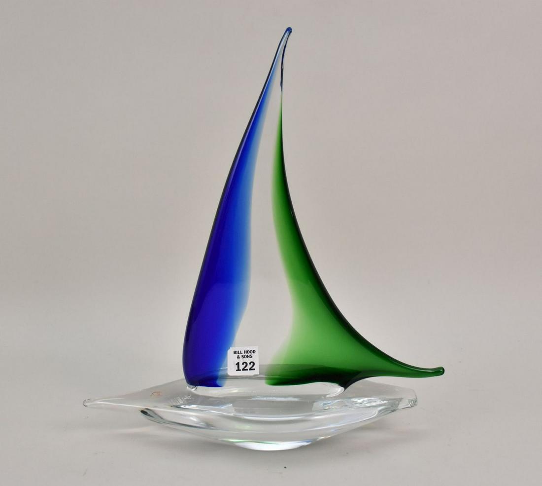 Murano Glass Sailboat, Blue & Green Sail, 15"h x 12"w: Murano Glass Sailboat, Blue & Green Sail, 15"h x 12"w