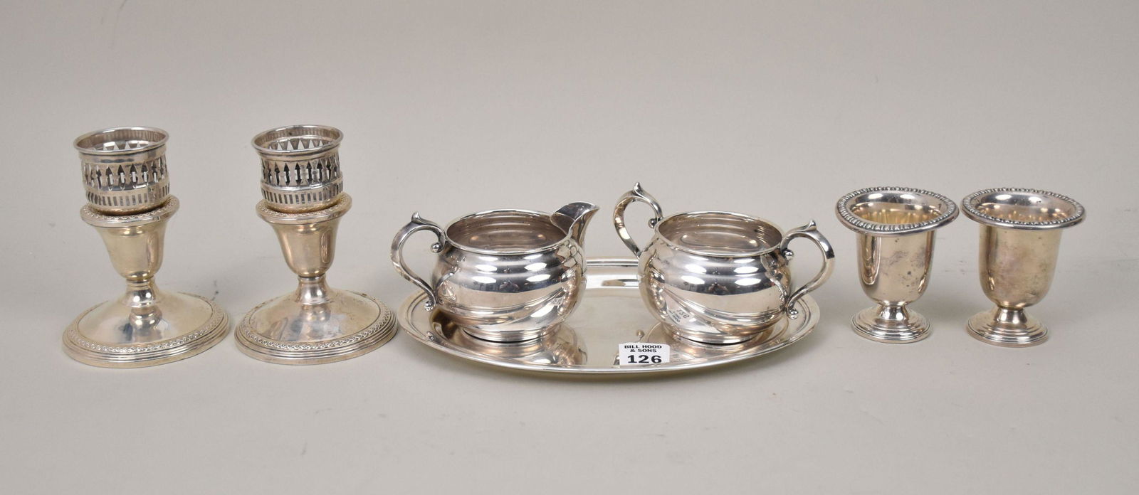 7pcs. Sterling, Pair Weighted Candlesticks, Pair Match Holders (damage/dents), Creamer, Sugar and (1 of 5)