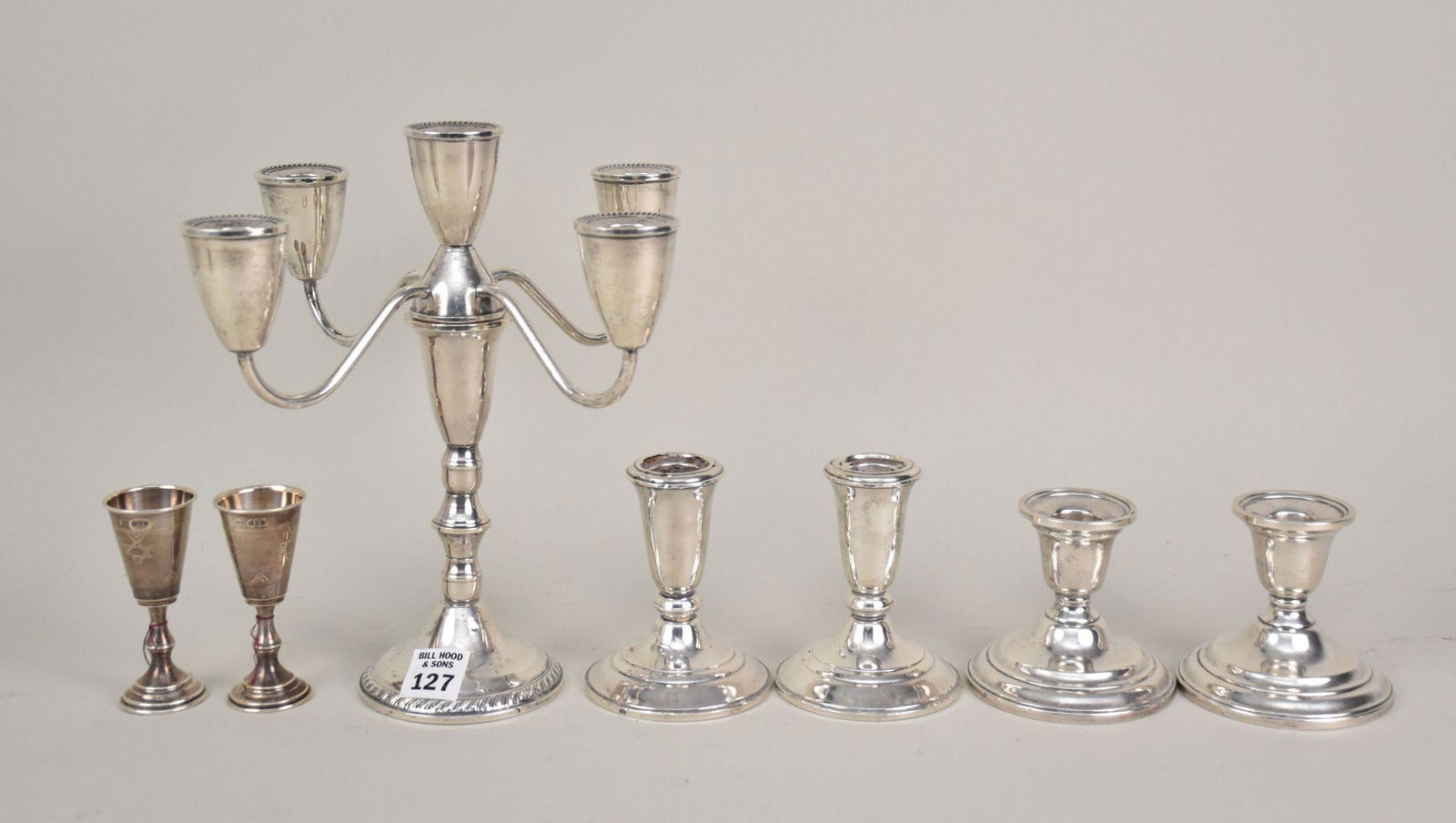 7 Pcs. Sterling, 2 Pairs Weighted Candlesticks, (4"h tallest), Single Candelabra (9 3/4"h) and Pair (1 of 6)