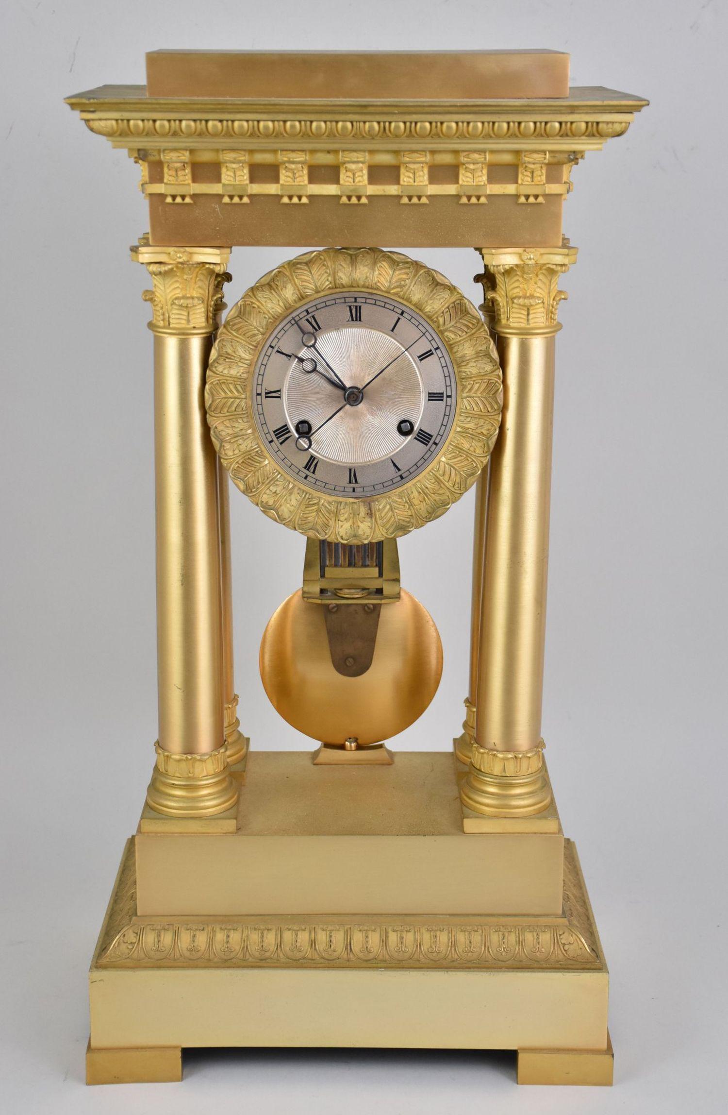 French Gilt Bronze Portico Mantel Clock - A gilt bronze portico clock with pendulum. The (1 of 12)