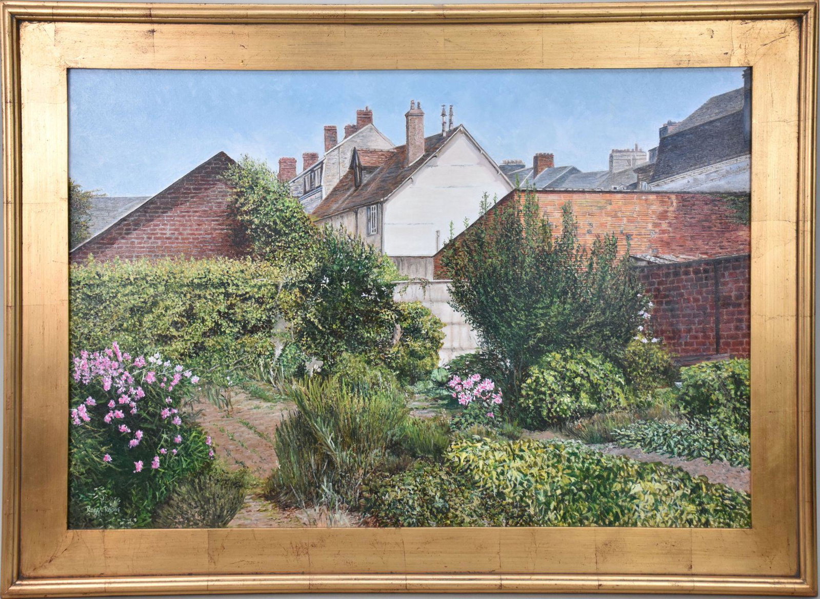 Roger Rossi oil canvas "Back Garden Honfleur" 23.5 x 35.5: Roger Rossi oil canvas "Back Garden Honfleur" 23.5 x 35.5
