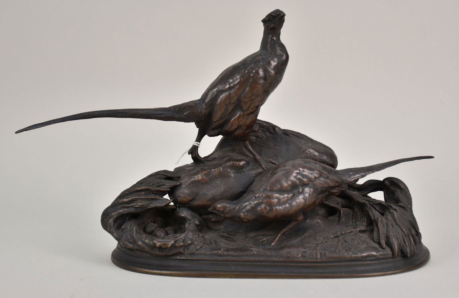 Auguste-Nicolas Cain (1822-1894) Bronze Figure of Two Pheasants - Inscribed "A. Cain" on front of (1 of 11)