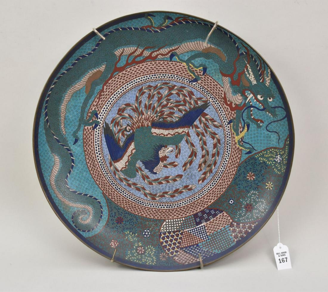 Antique Japanese Cloisonne Charger with Phoenix & Dragon Motif - c. 19th century. A large Japanese (1 of 7)