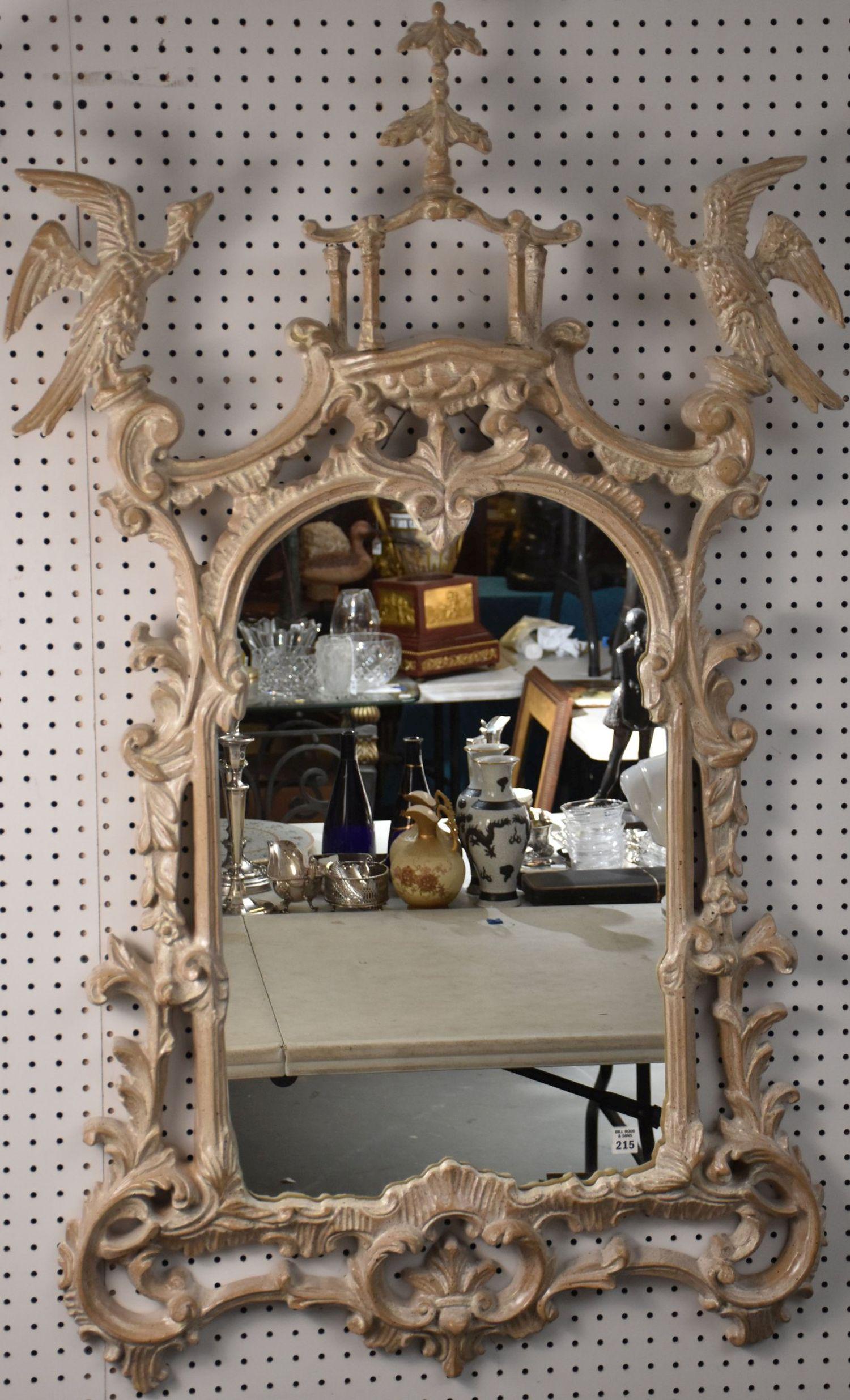 Decorative Chippendale Style Mirror, Pagoda & Phoenix Bird Motif, composition white wash style, 53"h (1 of 3)