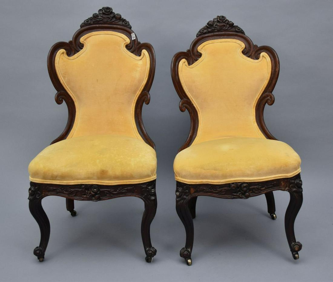 Pair Belter Parlor Chairs, Yellow Velvet with Rosette Crest (age split & wear to backs, soiled) (1 of 9)