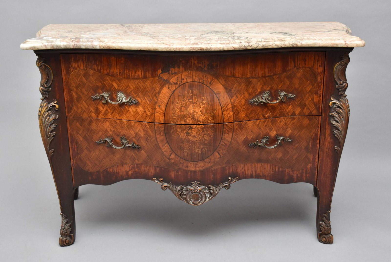 French Marquetry & Parquetry 2 Drawer Serpentine Chest with Marble Top, 33"h x 52"w x 22"d (loss & (1 of 8)