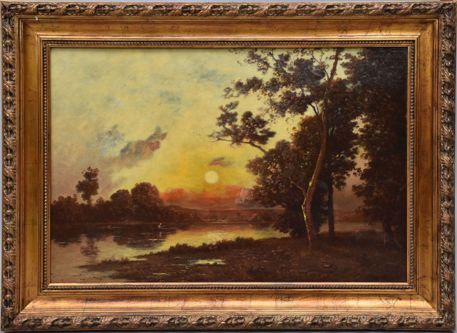 Leon Richet (French, 1847-1907) oil on canvas, Watery Landscape - Sunset on River, 21-1/2 x 32 (1 of 8)