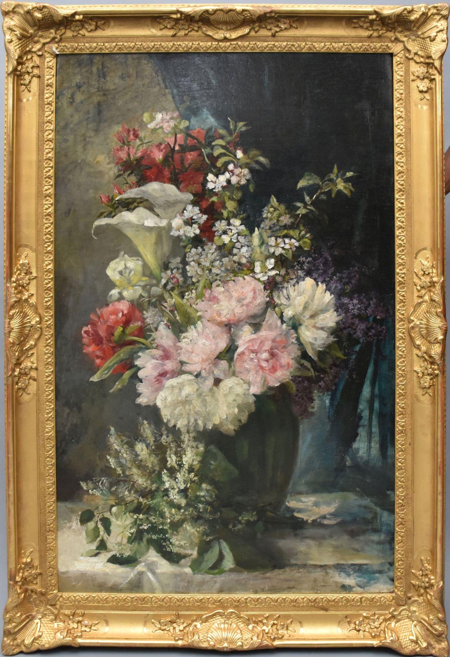 Anthonie Boubong (1842 - 1908) oil canvas, huge still life red white pink 50 x 29 57 x 38 (1 of 5)
