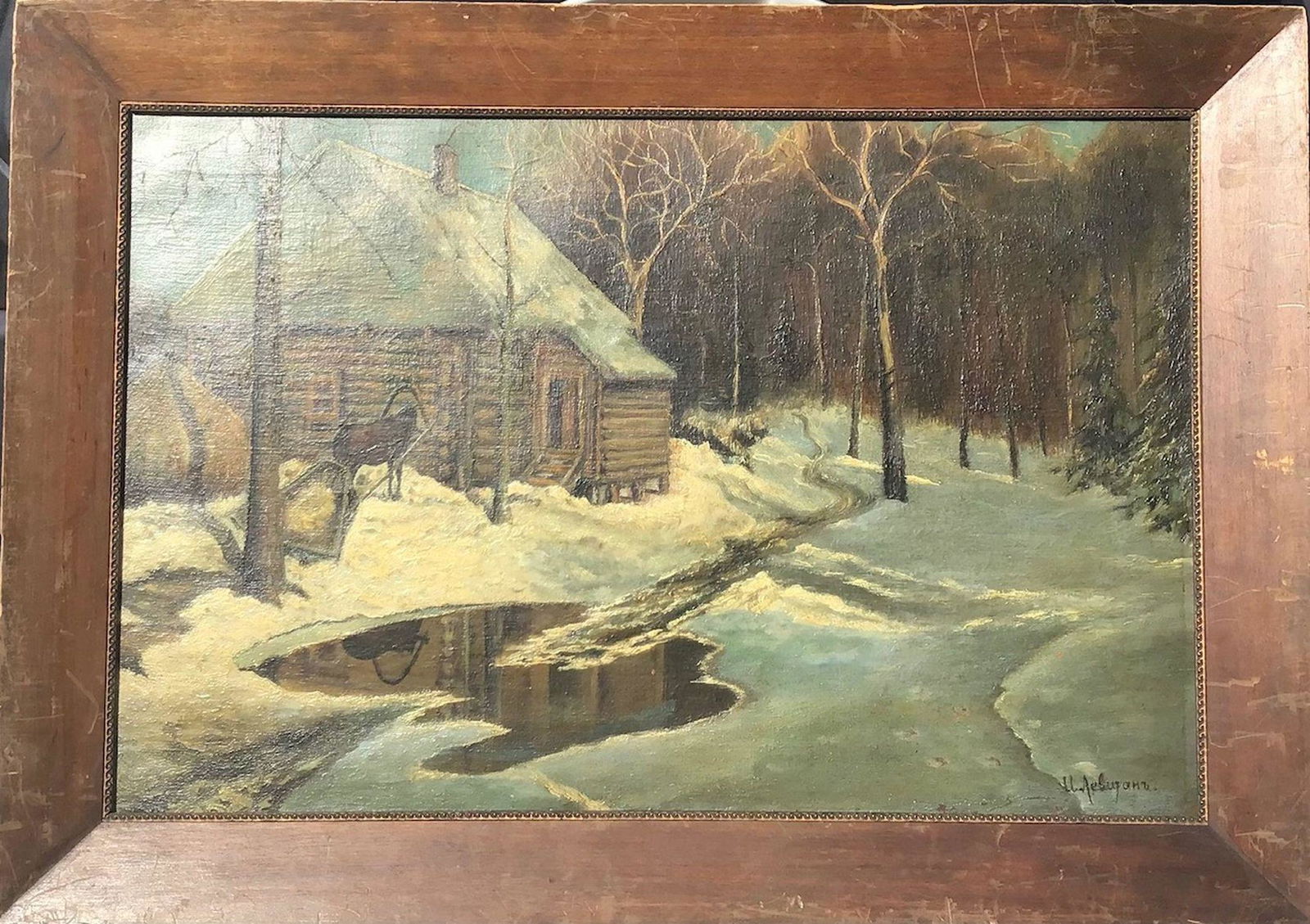 Russian painting Attributed to: Leviathan Winter Scene cottage in the woods, oil on board, painting (1 of 6)