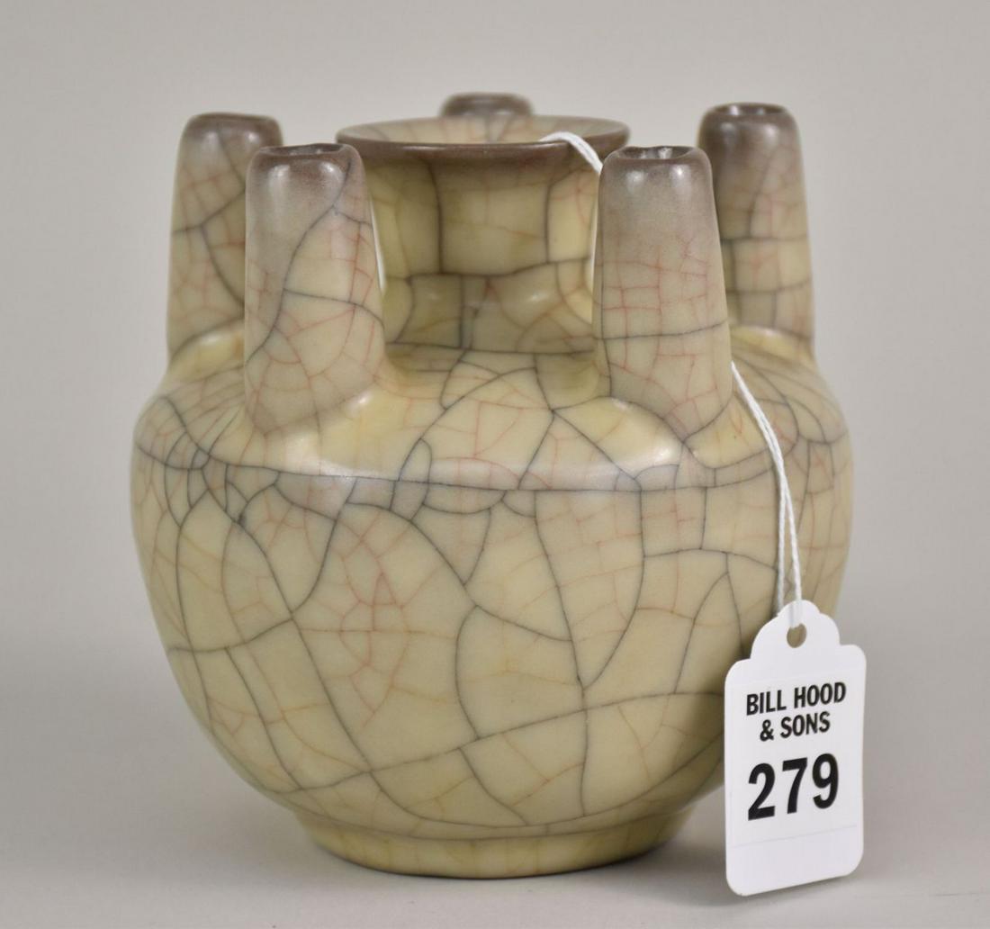 Chinese Crackle Glaze Six-Hole Globular Vase - A stoneware pottery vase with six holes. Featuring a (1 of 8)