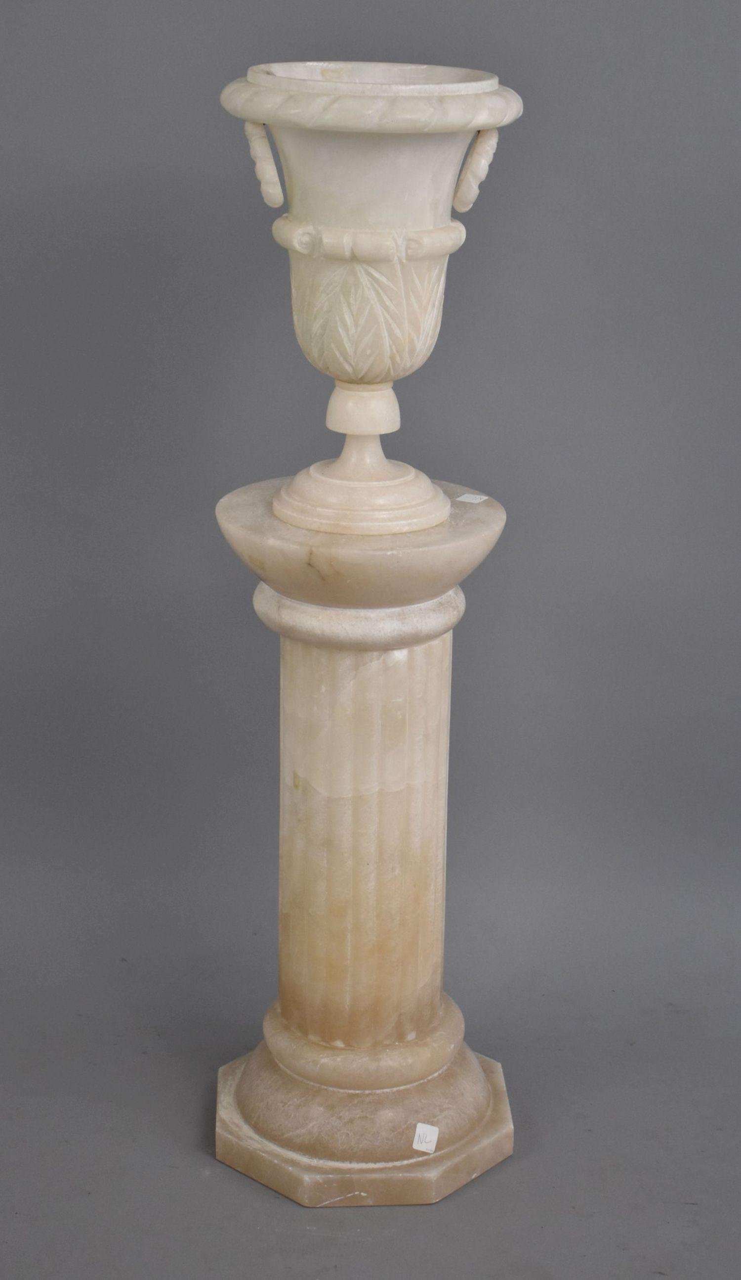 Alabaster Urn on Pedestal,  Vase 16"h, Pedestal 28"h (glue/residue inside vase) (1 of 5)