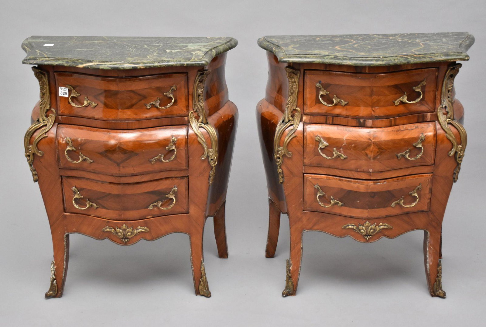 Pair French 3 Drawer Side Tables with Gilt Metal Accoutrements, 28"h x 22"w x 12"d (some veneer (1 of 7)
