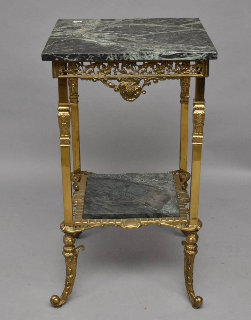 2 Tier Occasional Table, Pierced Brass Apron, Brass Sabre Feet, Green Marble Top, 32" x 18 (1 of 5)