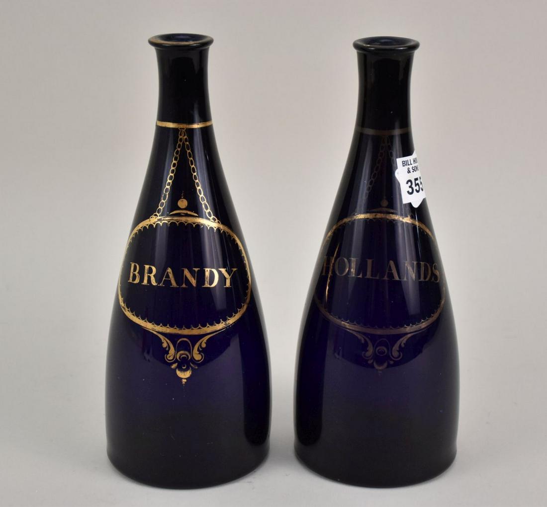 Pair Cobalt Liqueur Bottles, Gold Accents, Brandy & Hollands, 10"h: Pair Cobalt Liqueur Bottles, Gold Accents, Brandy & Hollands, 10"h