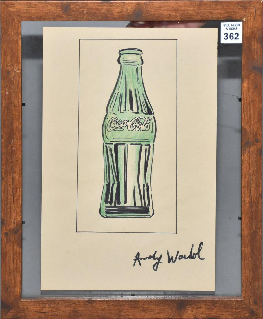 Attributed to Andy Warhol, mixed media on paper, coke bottle, signed lower right, stamped on (1 of 8)
