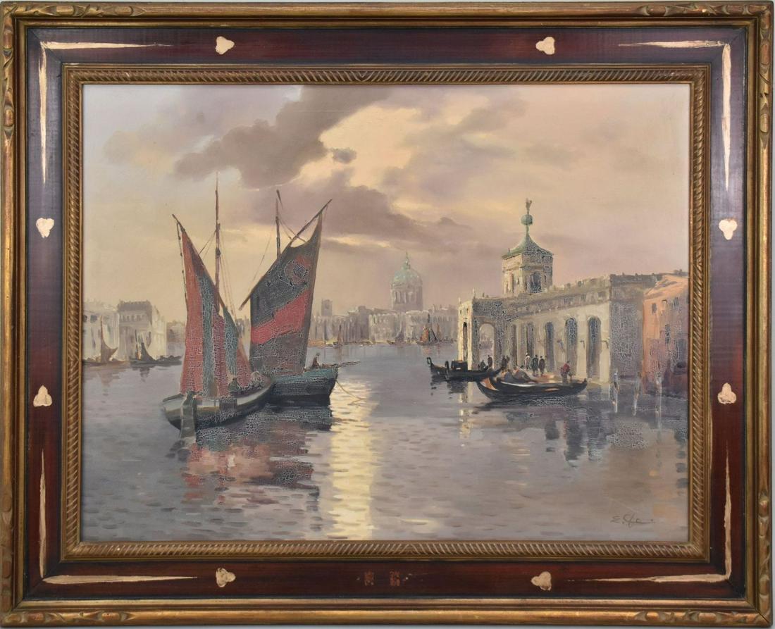 Oil on canvas, Venetian scene-custom house view, signed lower right E. ?, approx. 23 1/2" x 32" (1 of 9)