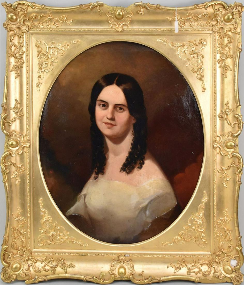 Manner of Thomas Sully, American School, Antique portrait of woman, oil on canvas, oval frame, 30" x: Manner of Thomas Sully, American School, Antique portrait of woman, oil on canvas, oval frame, 30" x 25 1/2" canvas, frame has some damage, 38 1/2" x 32 1/2" overall