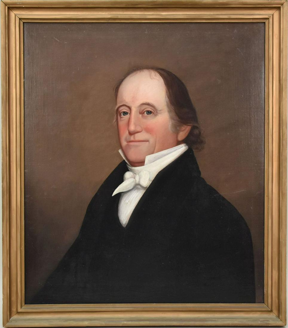 American School, Antique portrait of man, relined, oil on canvas, no visible signature, 27" x 23": American School, Antique portrait of man, relined, oil on canvas, no visible signature, 27" x 23" sight, 30" x 26" overall
