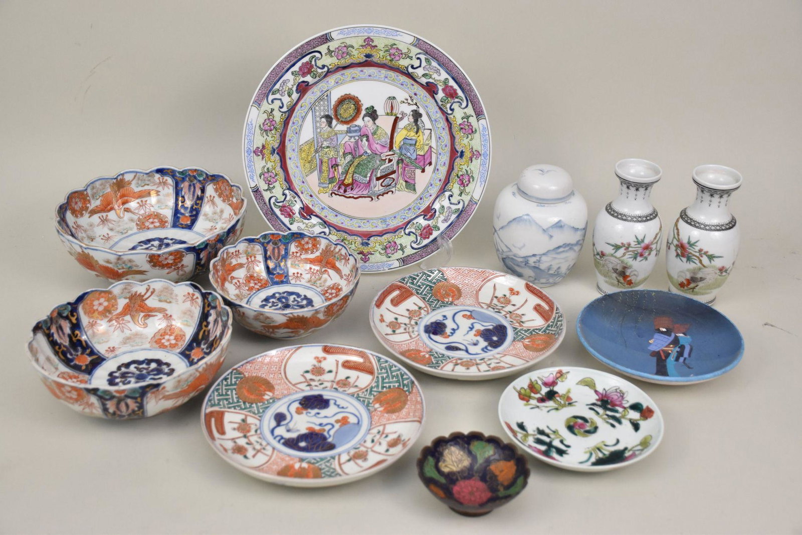 Assorted Chinese Imari and Japanese ware. Comprised of 12 items. Pair of Vintage marked vases. Blue (1 of 11)