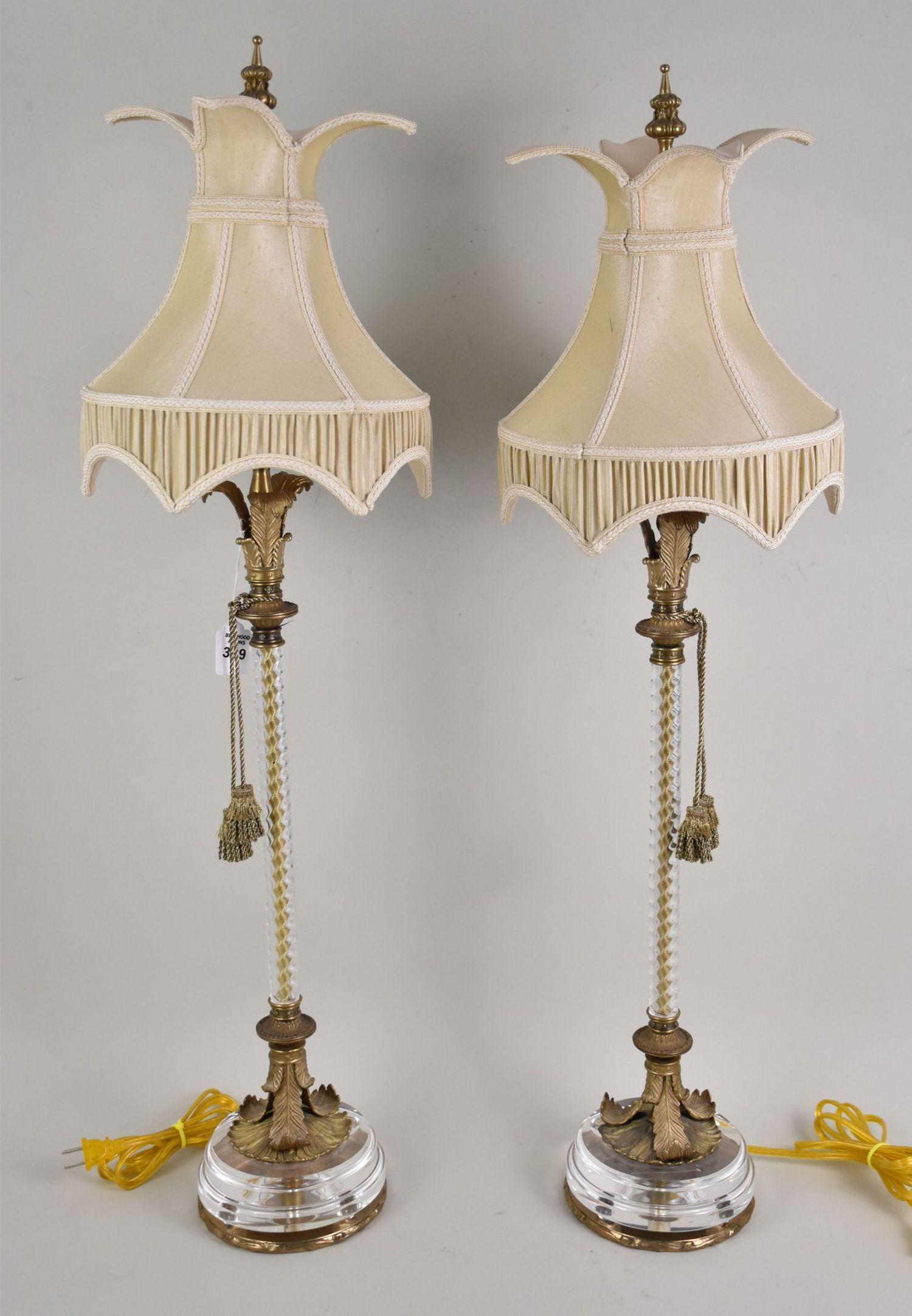 Pair Lamps, Acrylic Columnar with Bronze Leaf Designs on Lucite Bases, Shades, 38"h to finial (1 of 8)