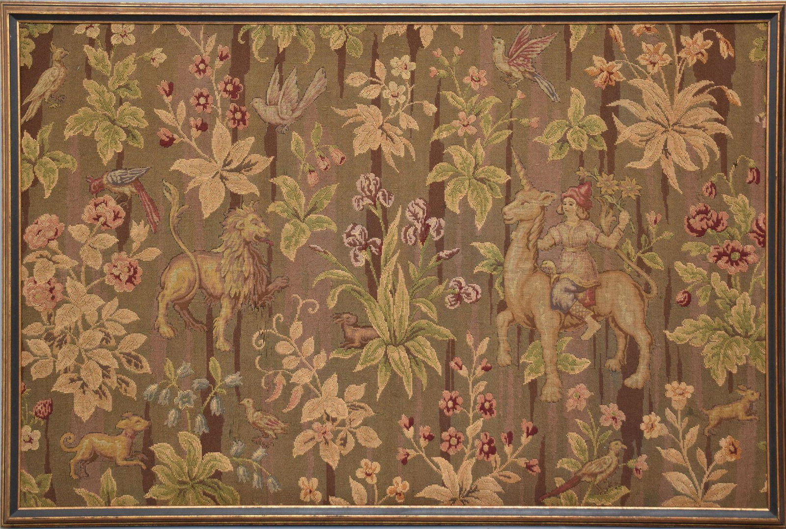 Vintage Large Lion & Unicorn Needlework Tapestry, framed - 41" x 63", sight - 37 1/2" x 60" (1 of 5)
