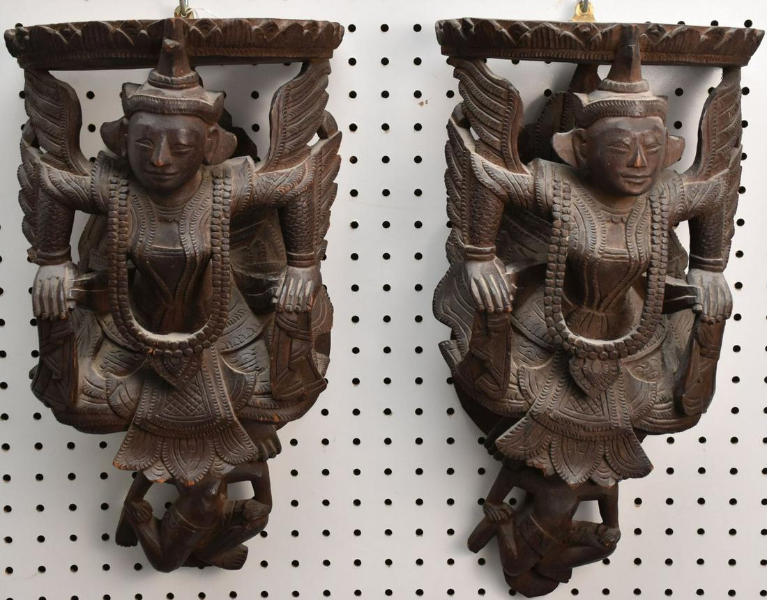 Pair Southeast Asian Carved Figural Wall Sconces of Kinnari - Southeast Asia, possibly Cambodian. A (1 of 7)