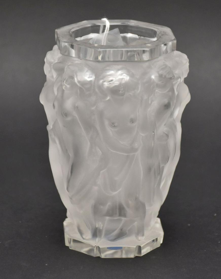 Art Deco Halama Nude Figural Czech Glass Vase - A small clear and frosted glass vase with figural: Art Deco Halama Nude Figural Czech Glass Vase - A small clear and frosted glass vase with figural nudes around the exterior of vase. 5 3/4" h. Decal on bottom of glass marked: " F. Halama Zelezny Brod