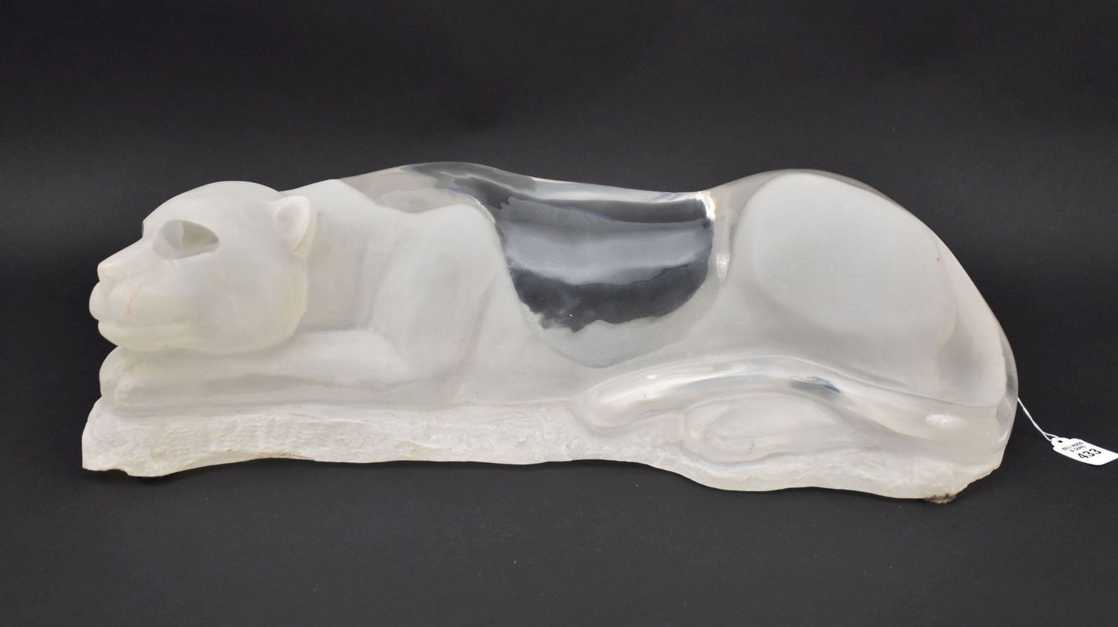 Vintage Lucite Sculpture of a Panther- a clear and frosted Lucite sculpture of a reclining panther.: Vintage Lucite Sculpture of a Panther- a clear and frosted Lucite sculpture of a reclining panther. Signed illegibly at front base and dated 1984. 8 1/2" h x 25" L x 10"d. Condition: some light surfac