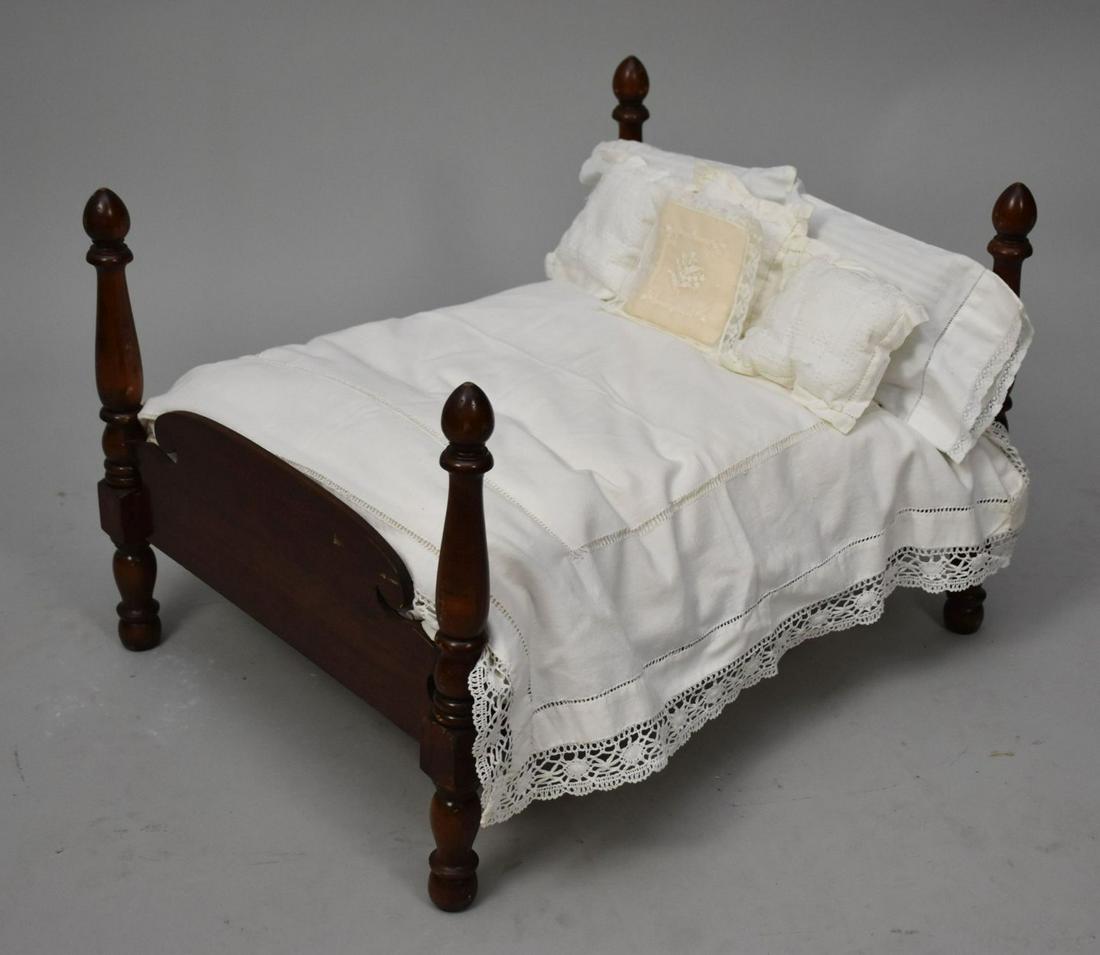 19th Century American Four Poster Carved Wood Doll Bed - c. 19th century, American. An antique four (1 of 8)