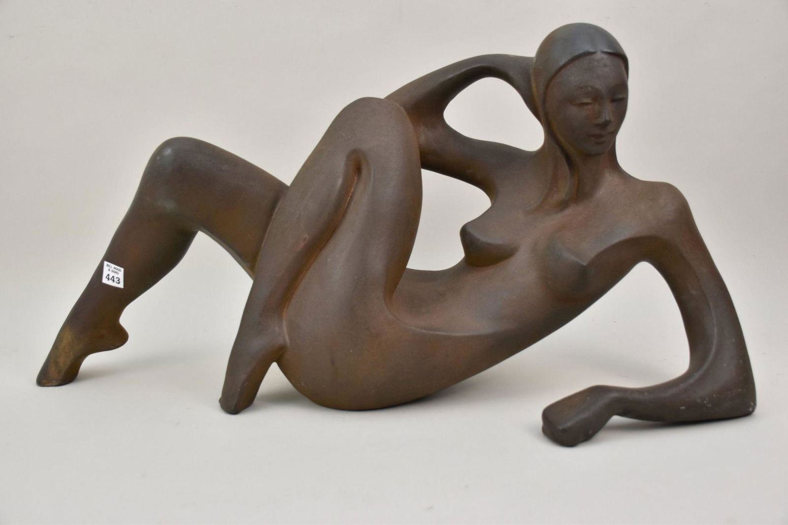 Large Tudzarov "ZARO" Raku Pottery Nude Figure - George Tudzarov (American, 1944-2000). A large: Large Tudzarov "ZARO" Raku Pottery Nude Figure - George Tudzarov (American, 1944-2000). A large modernist reclining nude figure created using a low-fire Raku pottery technique. Signed "Zaro 95" on und