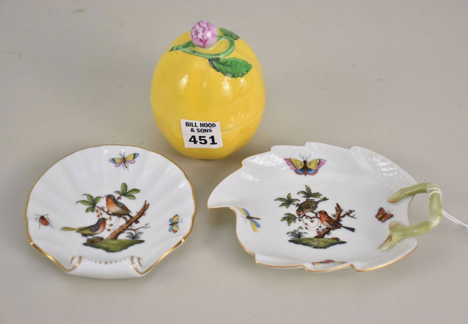 HEREND PORCELAIN, 3 PCS,  Lemon Trinket Box (4"h) and 2 Trinket/Pin Dishes, Rothschild Pattern (1 of 5)